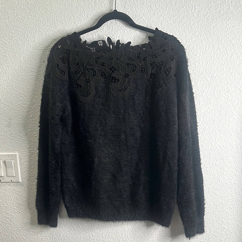 Black fuzzy lace neck Elegant Black Lace Sweater size L